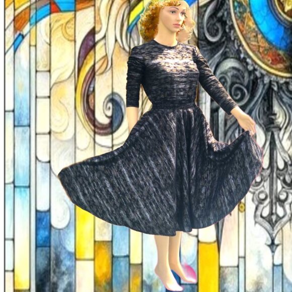 THE ALLEY Black Dress Silver Gold Threads Fit and Flare Made in Canada Size M - Picture 1 of 6